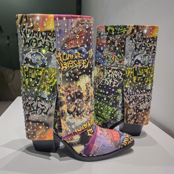 Punk Western Cowboy Boots With Rhinestones & Random Graffiti Mix - Picture 3 of 5